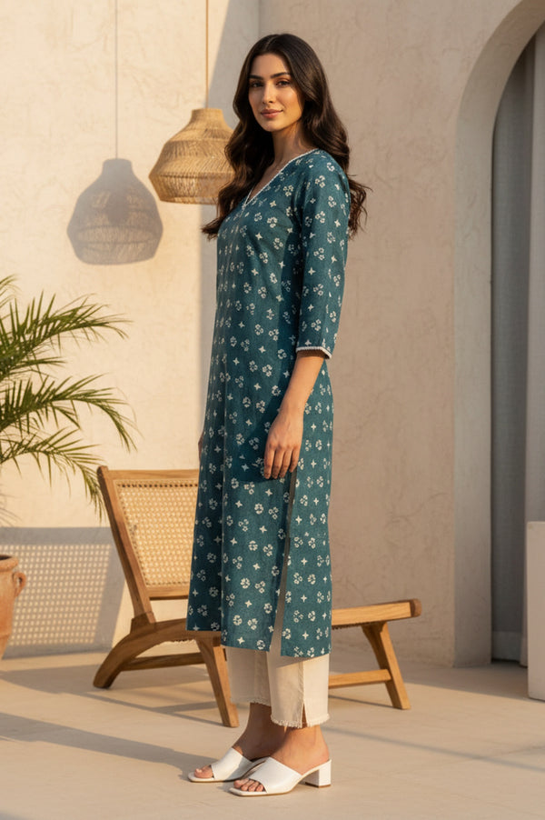 Teal Green Geometric Printed Lace Pure Cotton Straight Kurta