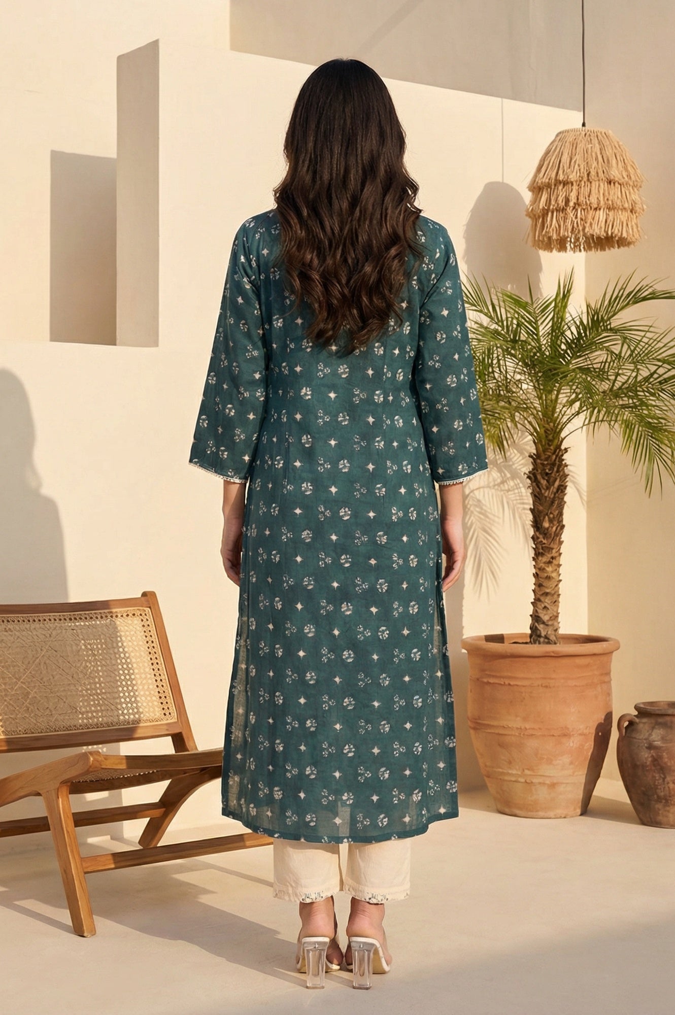 Teal Green Geometric Printed Lace Pure Cotton Straight Kurta