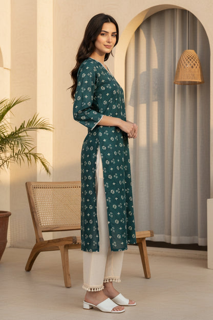 Teal Green Geometric Printed Lace Pure Cotton Straight Kurta