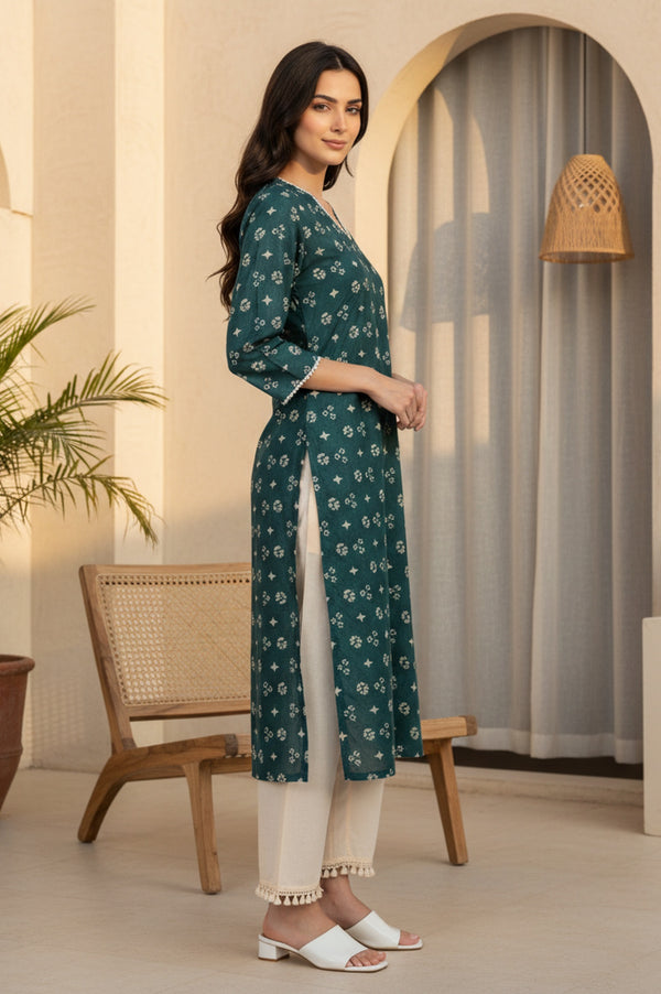 Teal Green Geometric Printed Lace Pure Cotton Straight Kurta
