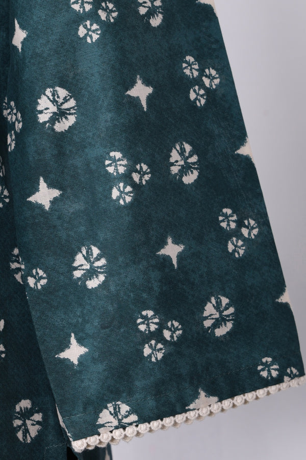 Teal Green Geometric Printed Lace Pure Cotton Straight Kurta