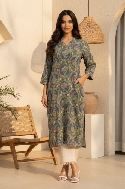 Green Floral Printed Modal Straight Kurta