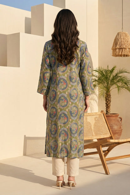 Green Floral Printed Modal Straight Kurta