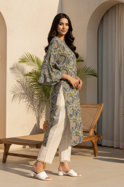 Green Floral Printed Modal Straight Kurta