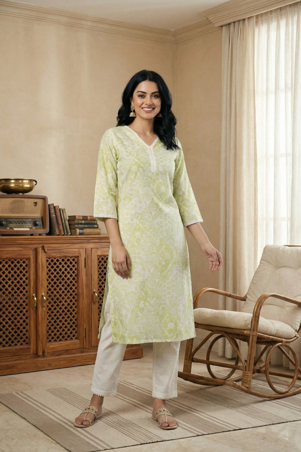 Lime Green Lace Floral Printed Pure Cotton Straight Kurta