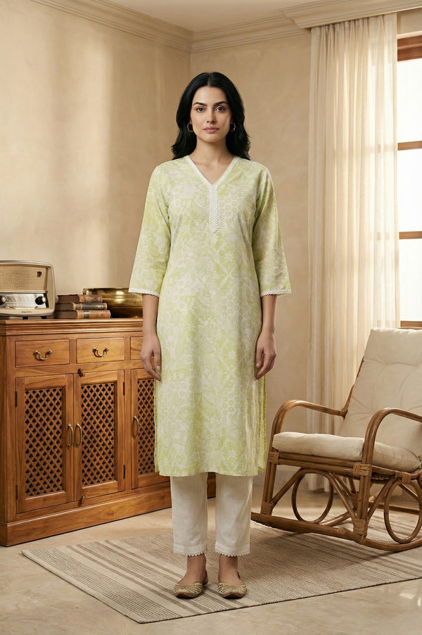 Lime Green Lace Floral Printed Pure Cotton Straight Kurta