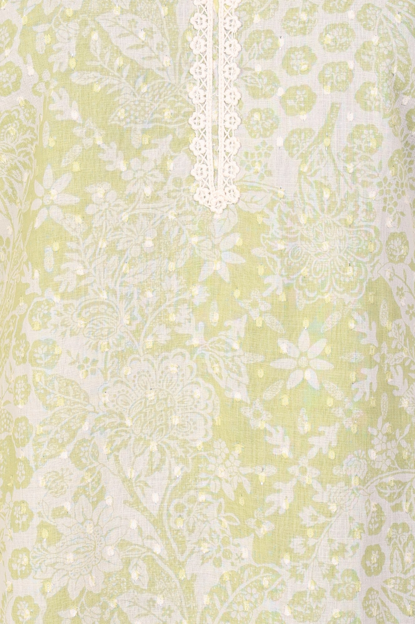 Lime Green Lace Floral Printed Pure Cotton Straight Kurta
