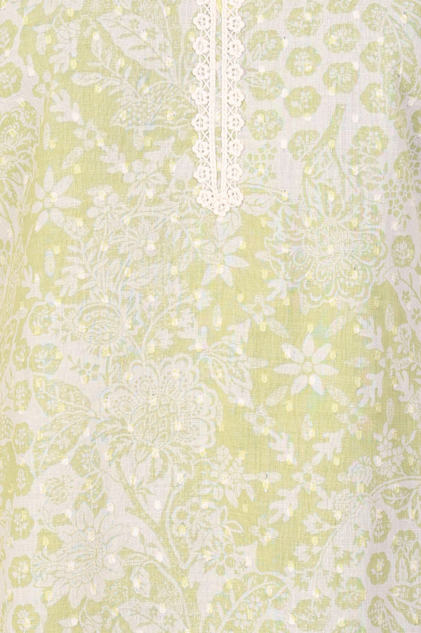 Lime Green Lace Floral Printed Pure Cotton Straight Kurta