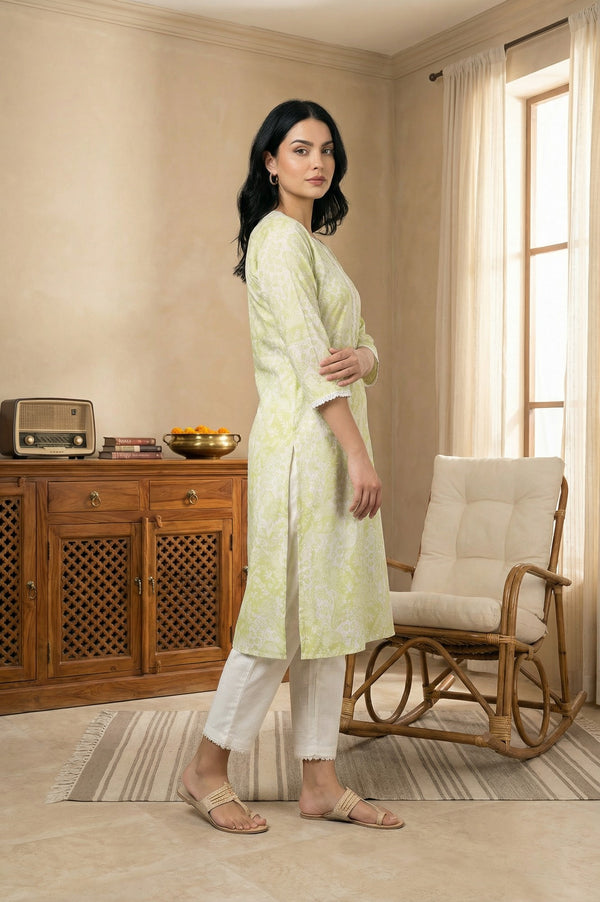 Lime Green Lace Floral Printed Pure Cotton Straight Kurta