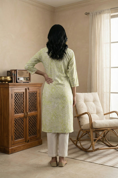 Lime Green Lace Floral Printed Pure Cotton Straight Kurta