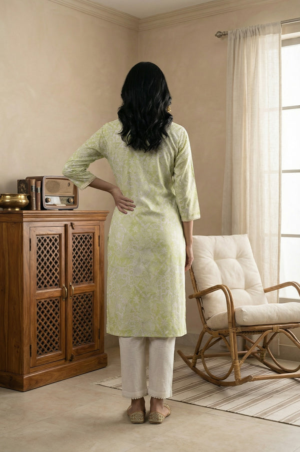 Lime Green Lace Floral Printed Pure Cotton Straight Kurta