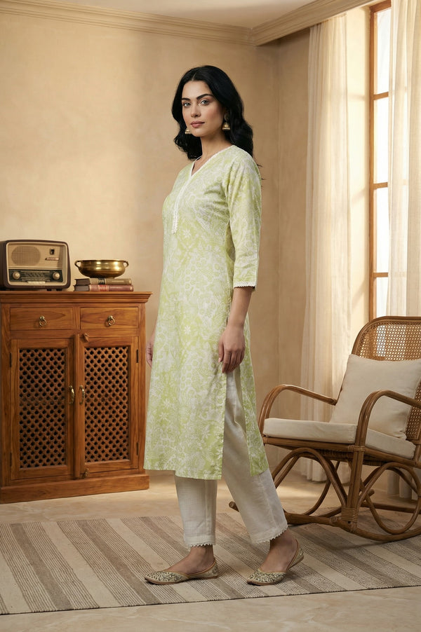 Lime Green Lace Floral Printed Pure Cotton Straight Kurta