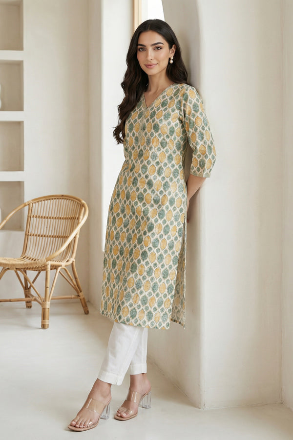 Cream Ethnic Motifs Pure Cotton Straight Kurta with Lace