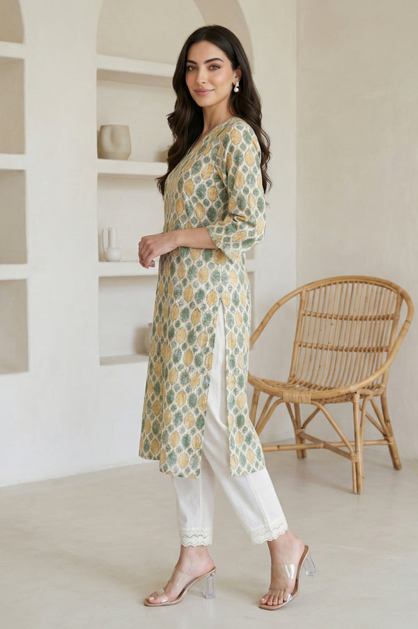 Cream Ethnic Motifs Pure Cotton Straight Kurta with Lace