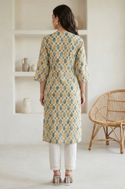 Cream Ethnic Motifs Pure Cotton Straight Kurta with Lace