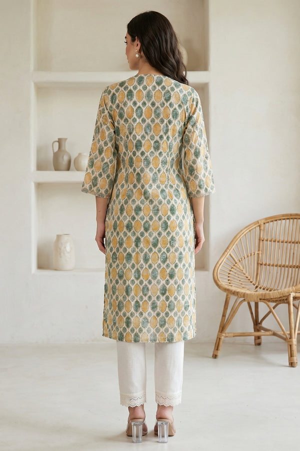 Cream Ethnic Motifs Pure Cotton Straight Kurta with Lace