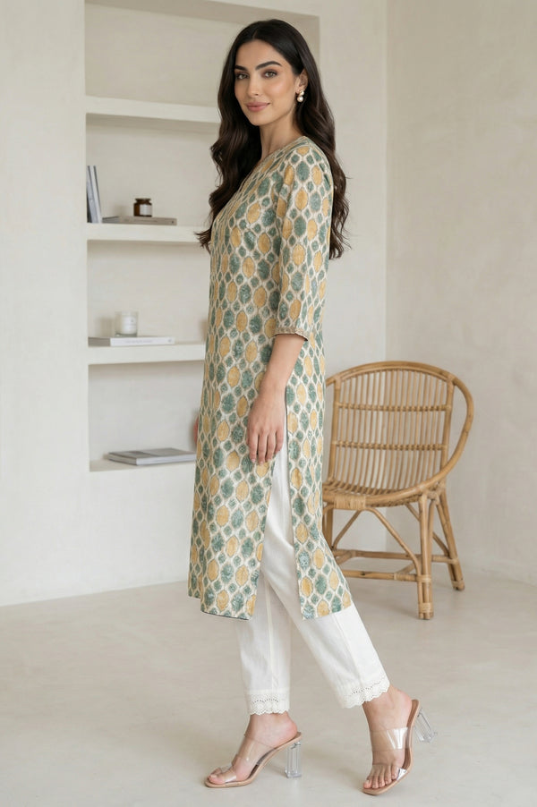 Cream Ethnic Motifs Pure Cotton Straight Kurta with Lace