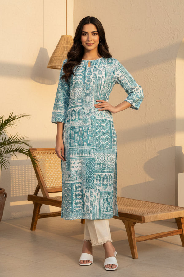Teal Ethnic Motifs Pure Cotton Straight Kurta