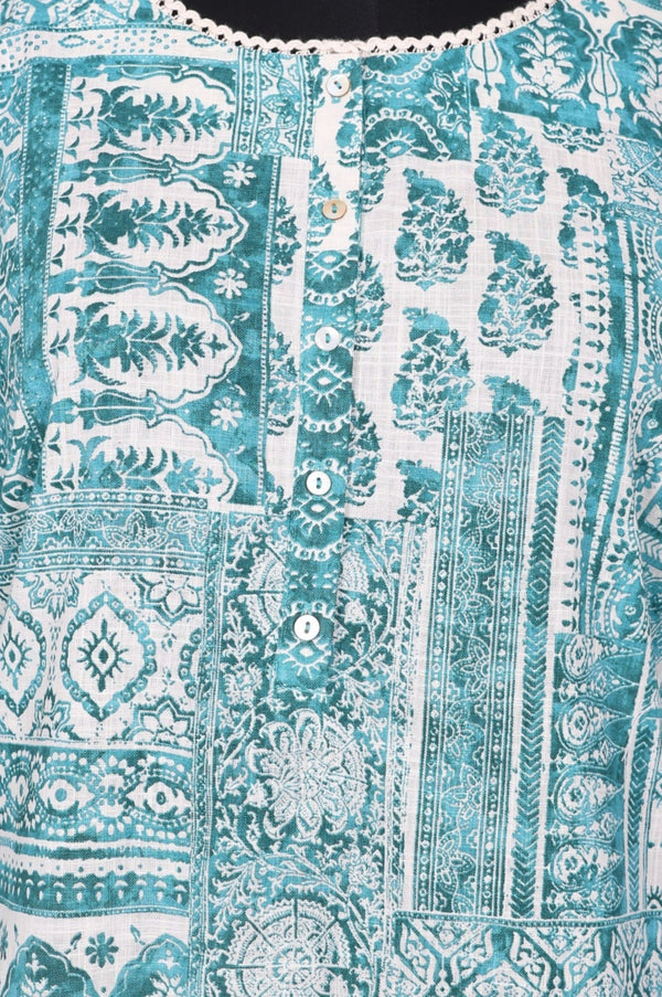 Teal Ethnic Motifs Pure Cotton Straight Kurta