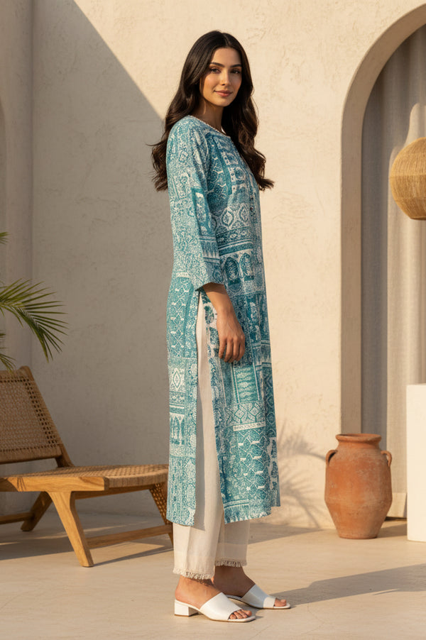 Teal Ethnic Motifs Pure Cotton Straight Kurta