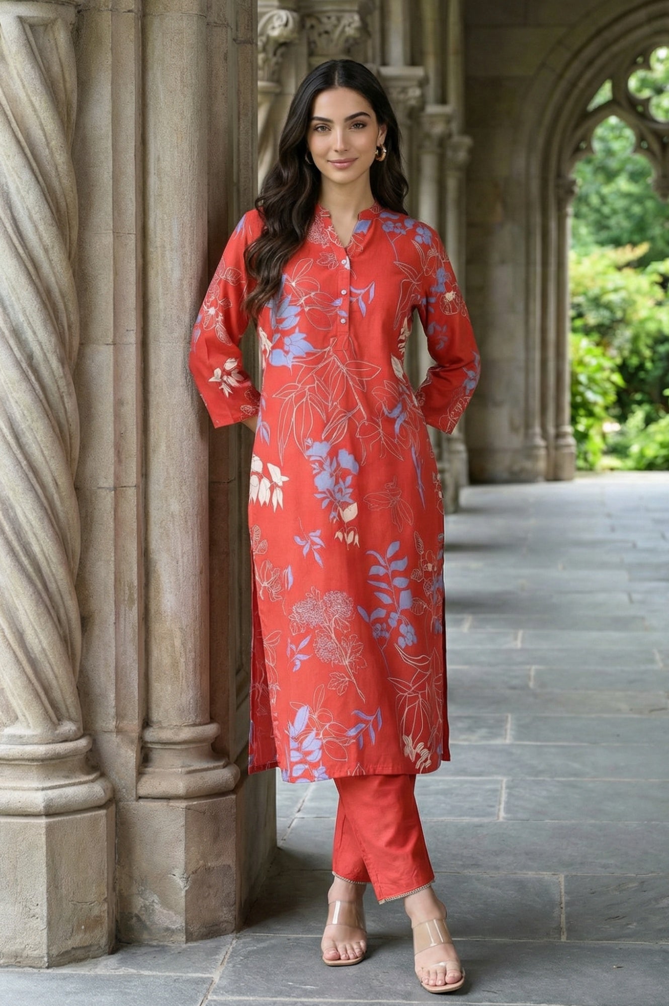 Red Floral Printed Rayon Straight Kurta