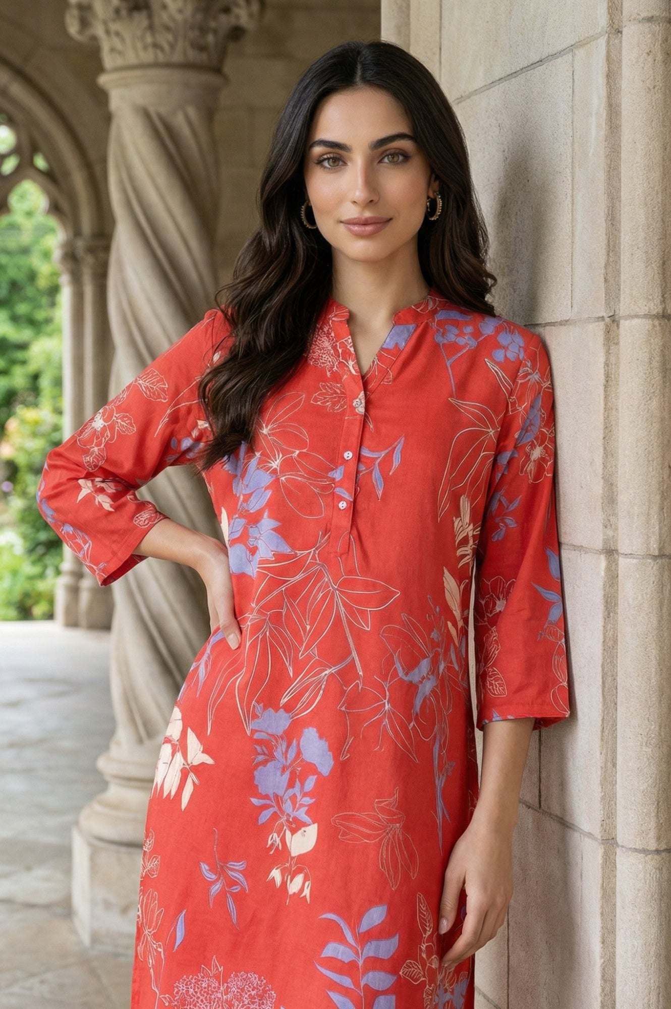 Red Floral Printed Rayon Straight Kurta