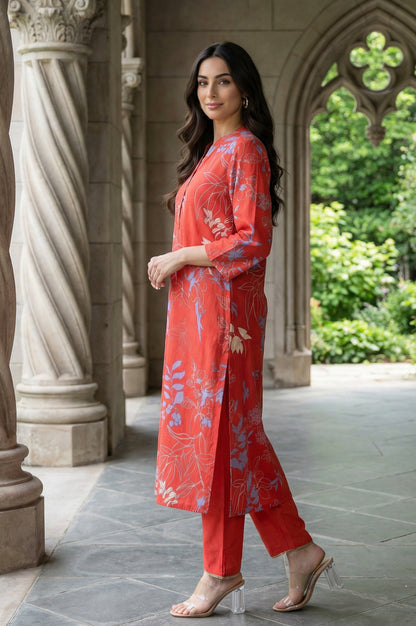 Red Floral Printed Rayon Straight Kurta