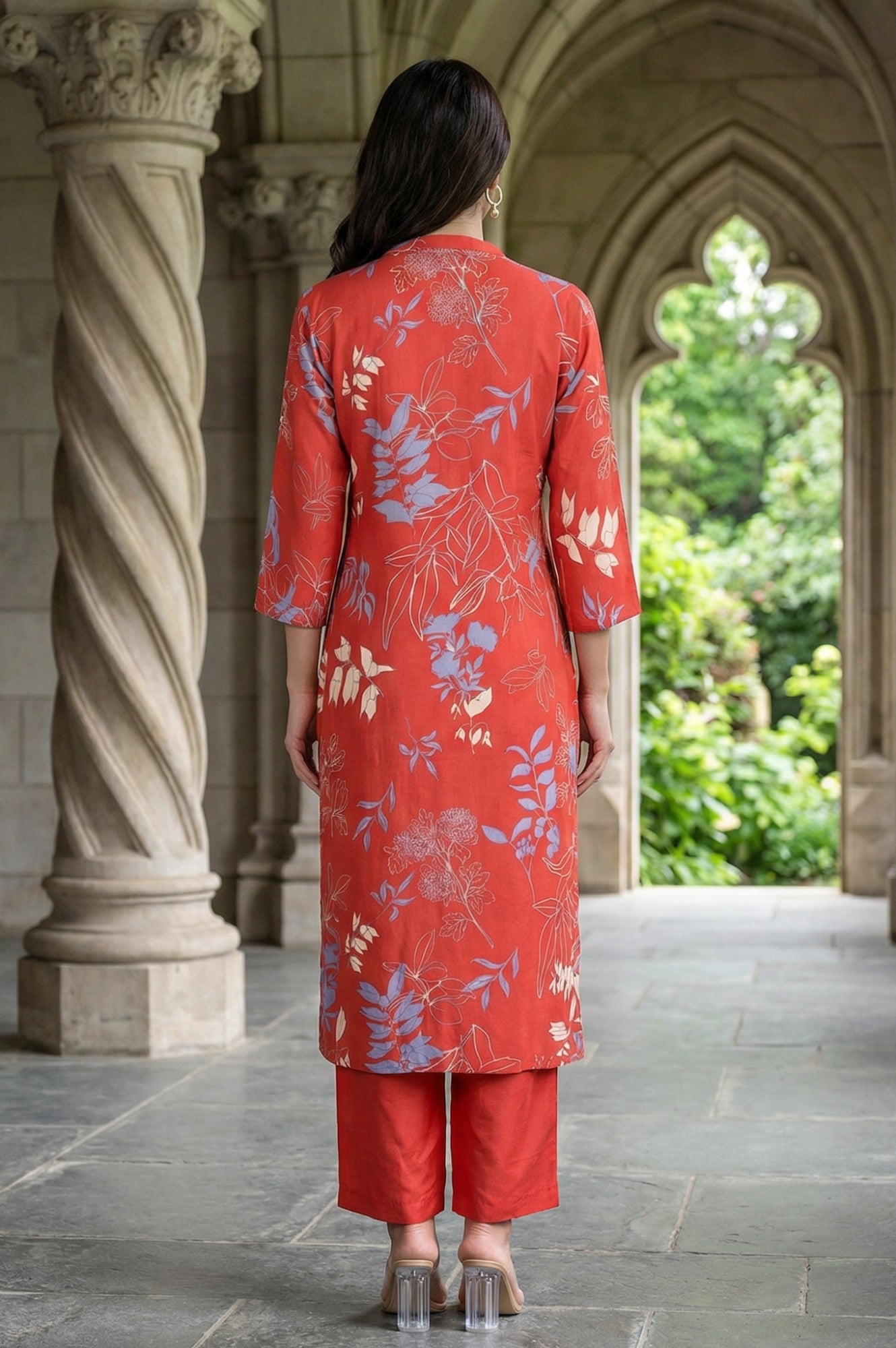 Red Floral Printed Rayon Straight Kurta