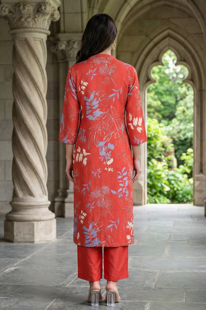 Red Floral Printed Rayon Straight Kurta