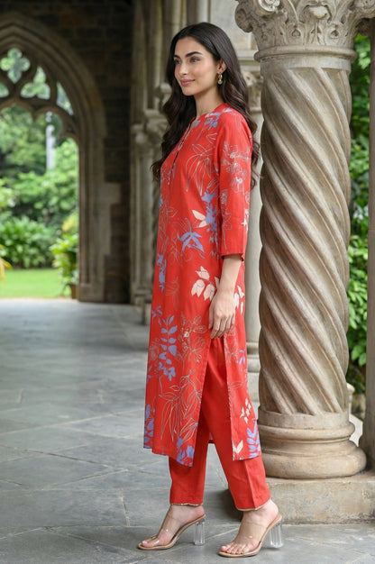 Red Floral Printed Rayon Straight Kurta