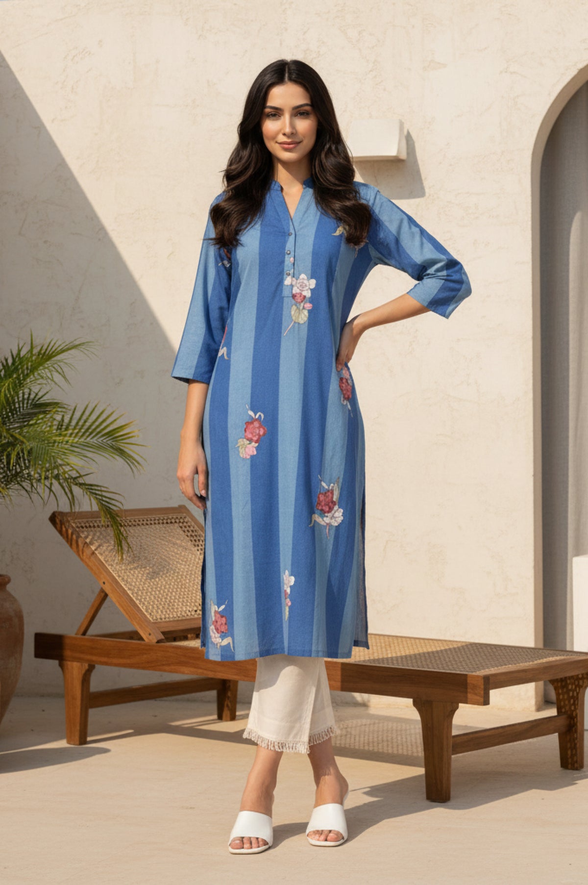 Blue Colour Block Floral Printed Pure Cotton Straight Kurta - S