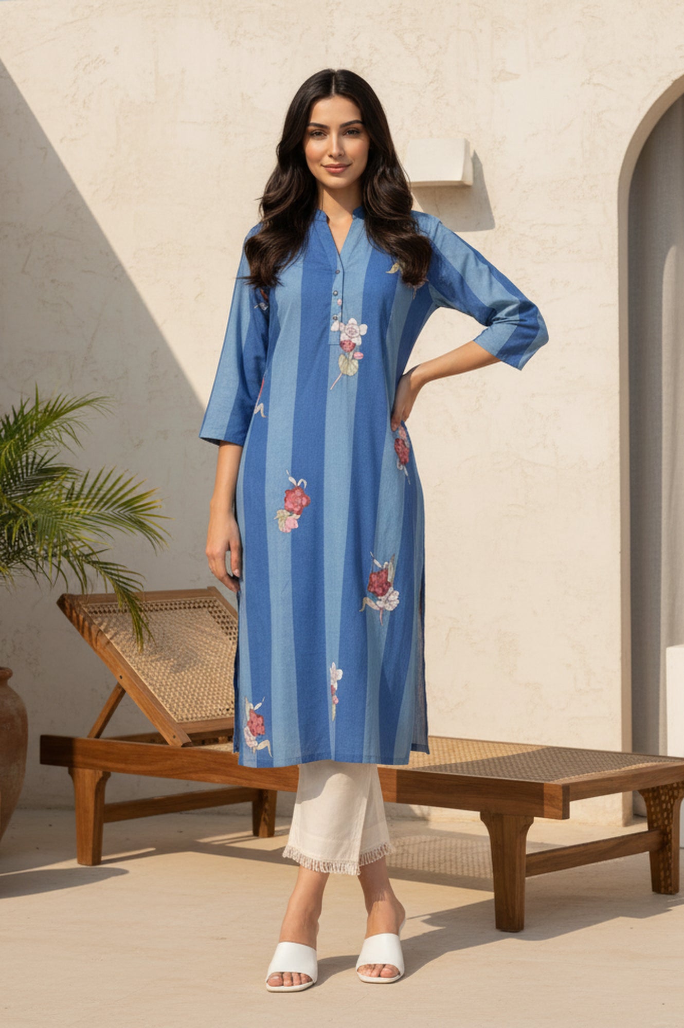 Blue Colour Block Floral Printed Pure Cotton Straight Kurta