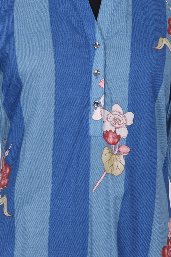 Blue Colour Block Floral Printed Pure Cotton Straight Kurta