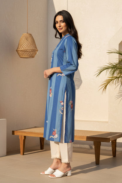 Blue Colour Block Floral Printed Pure Cotton Straight Kurta