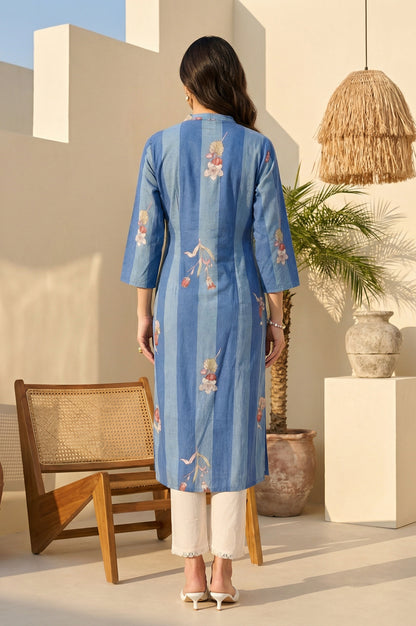 Blue Colour Block Floral Printed Pure Cotton Straight Kurta