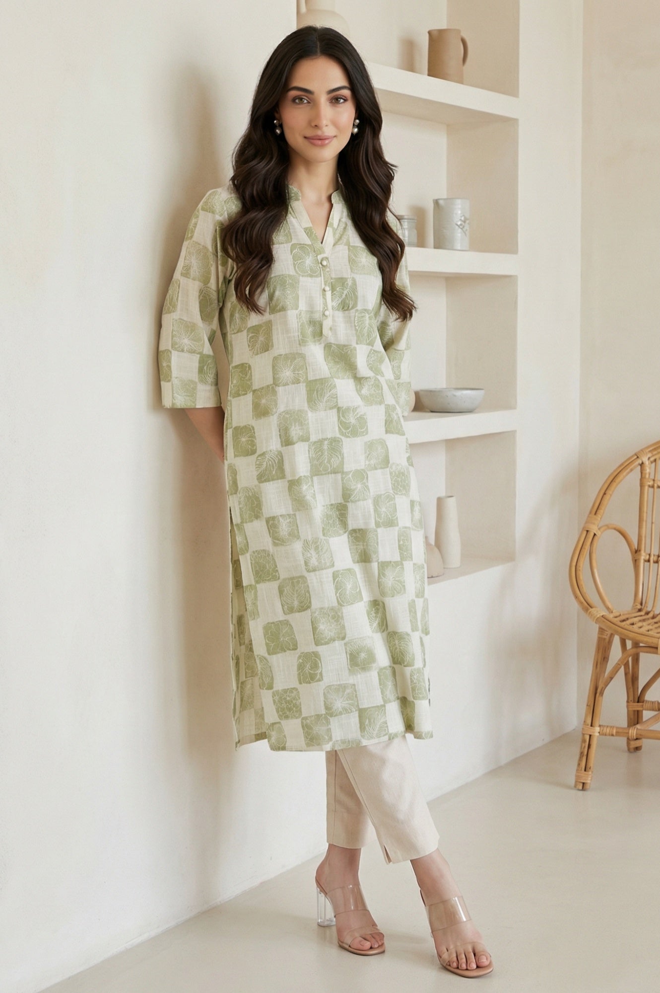Off-White Checkered Pure Cotton Straight Kurta