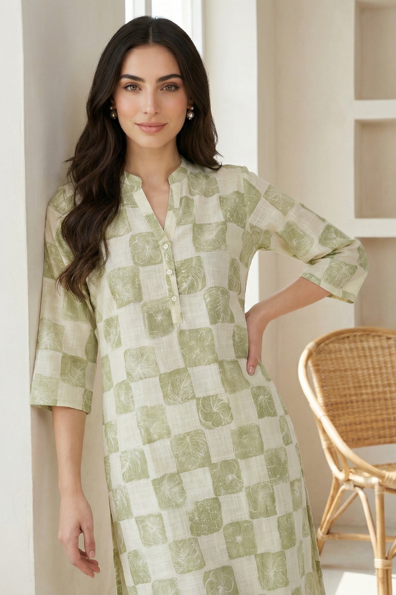 Off-White Checkered Pure Cotton Straight Kurta