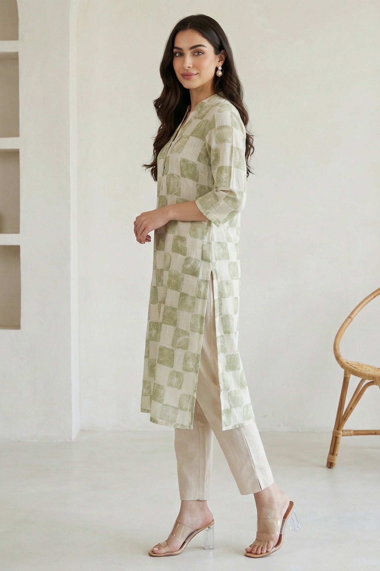 Off-White Checkered Pure Cotton Straight Kurta