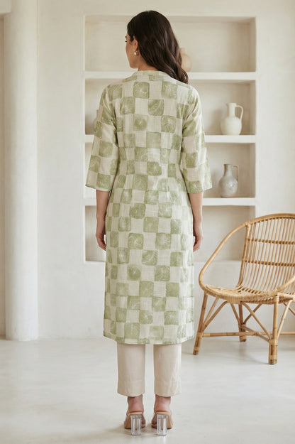 Off-White Checkered Pure Cotton Straight Kurta