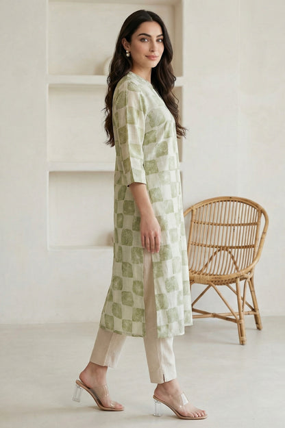 Off-White Checkered Pure Cotton Straight Kurta