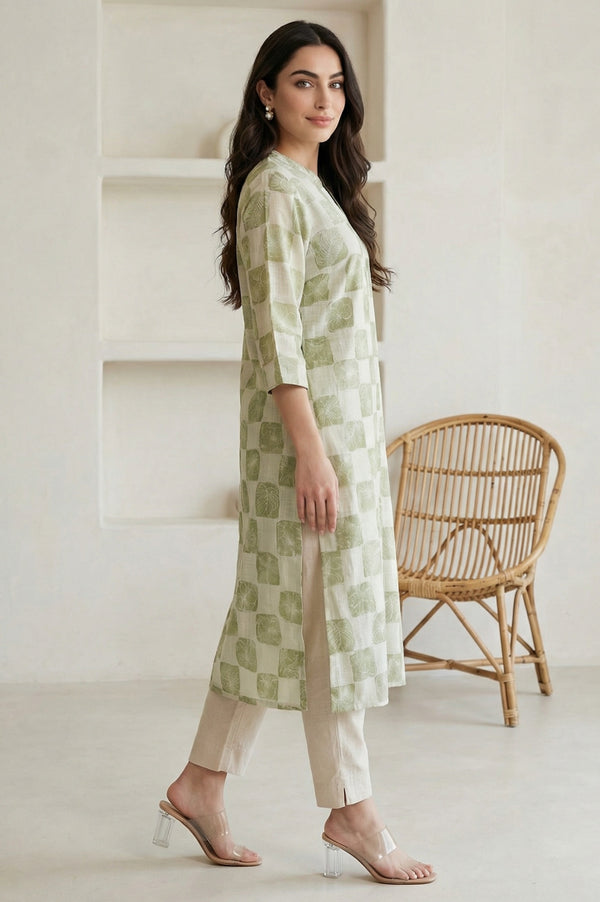 Off-White Checkered Pure Cotton Straight Kurta