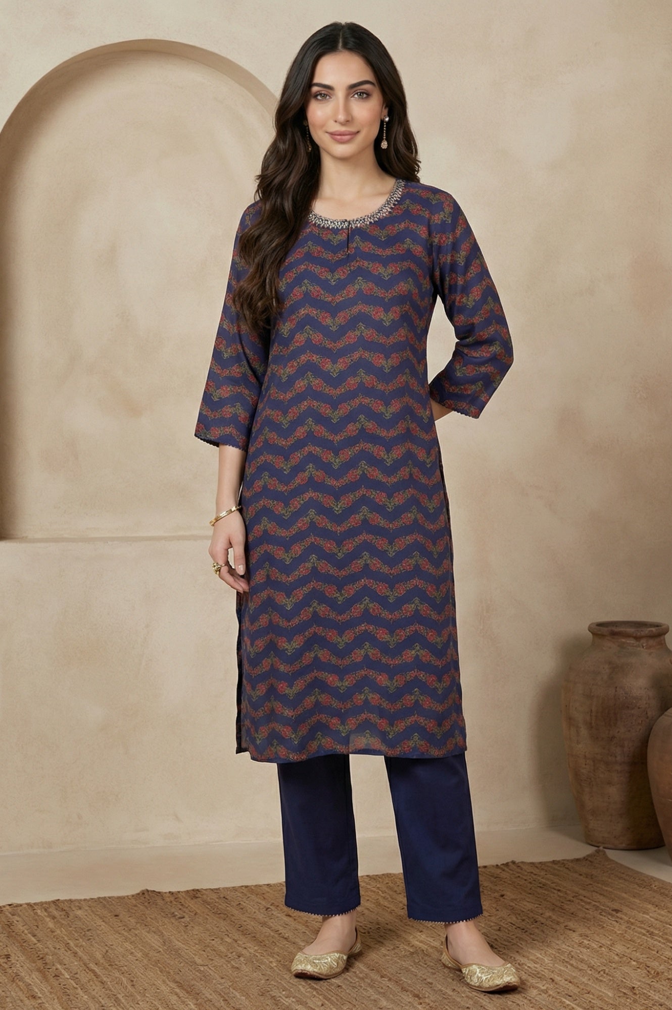 Navy Blue Chevron Beadwork Straight Kurta