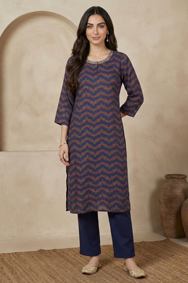 Navy Blue Chevron Beadwork Straight Kurta