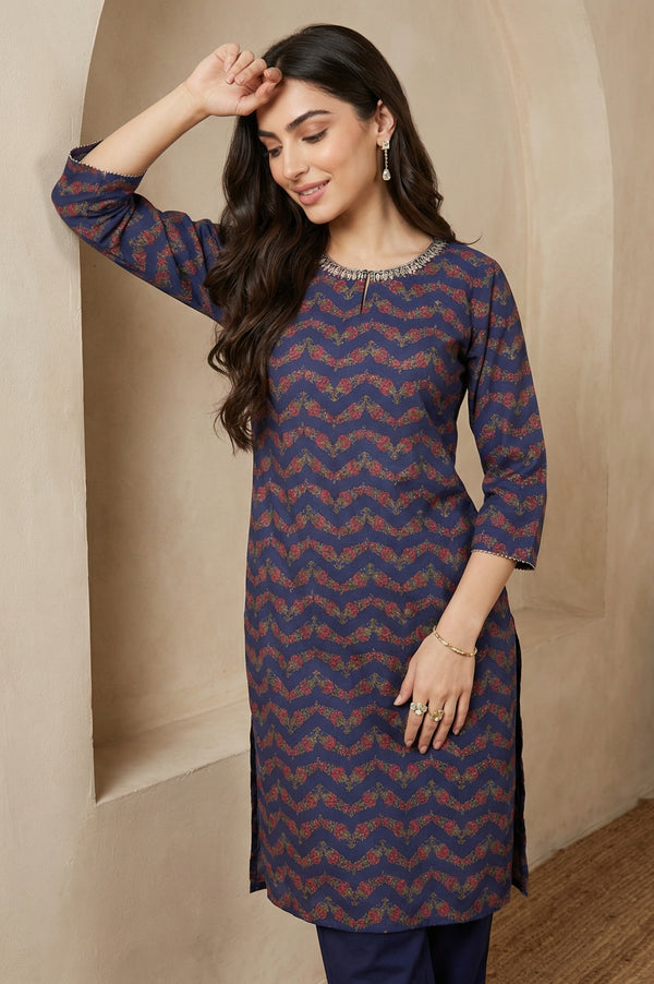 Navy Blue Chevron Beadwork Straight Kurta