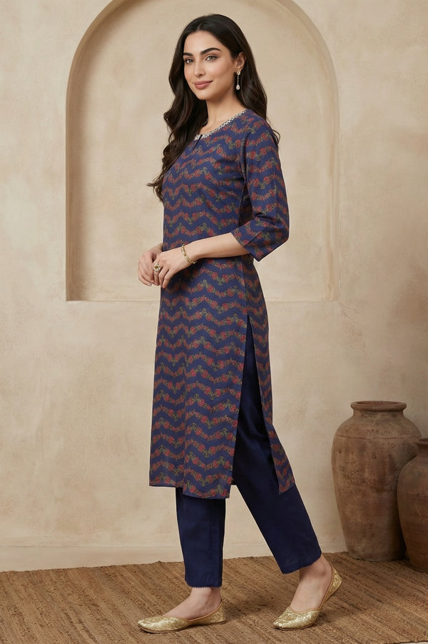 Navy Blue Chevron Beadwork Straight Kurta