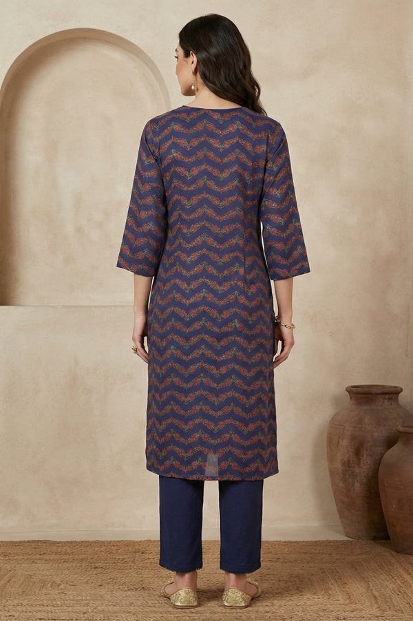 Navy Blue Chevron Beadwork Straight Kurta