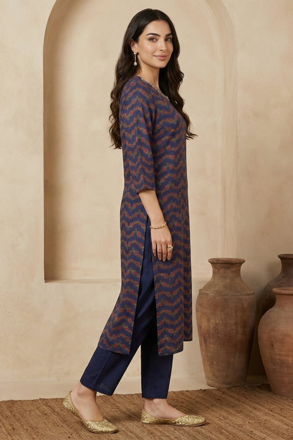 Navy Blue Chevron Beadwork Straight Kurta