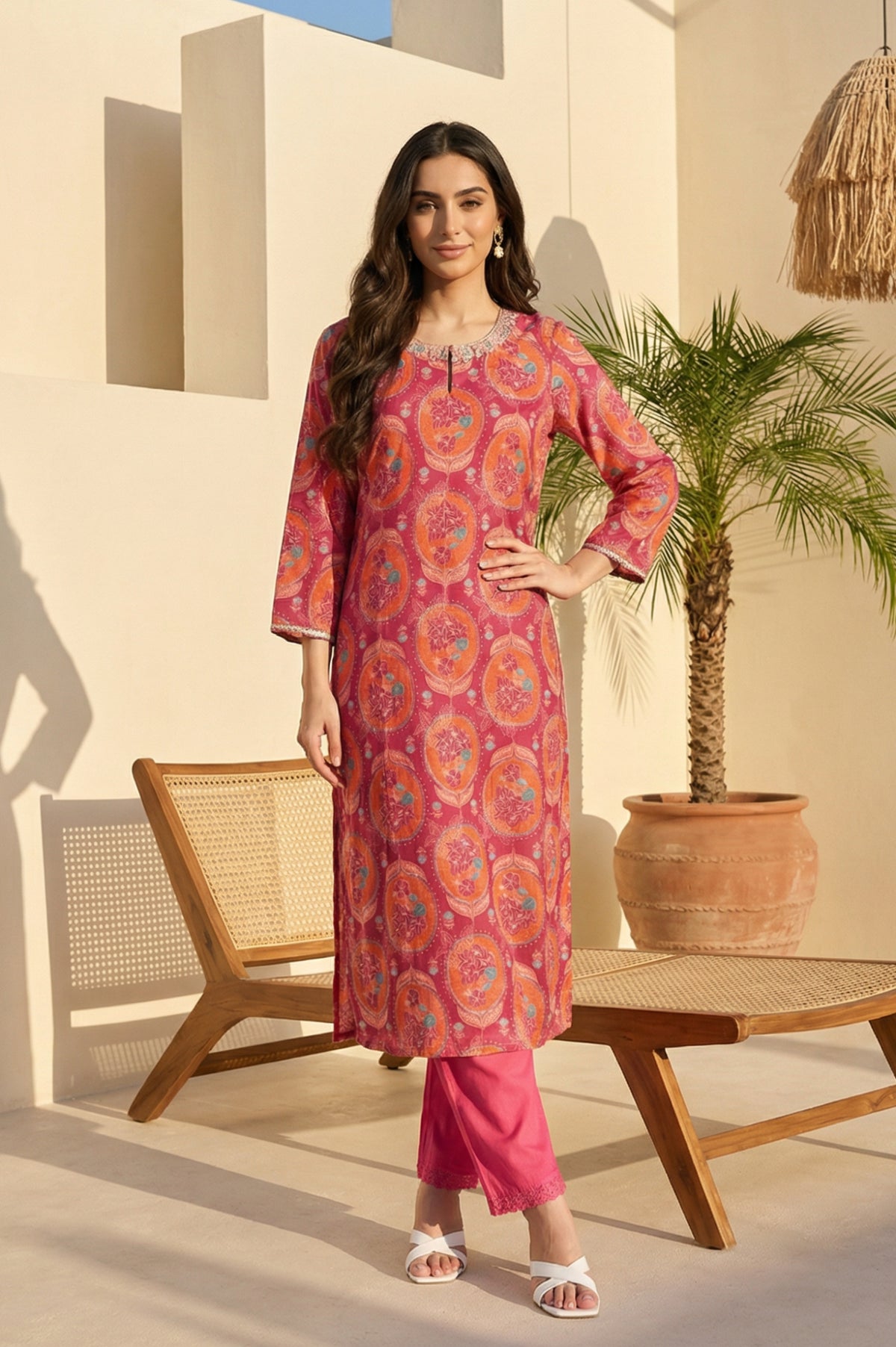 Pink Floral Printed Sequins Rayon Straight Kurta - S
