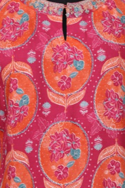 Pink Floral Printed Sequins Rayon Straight Kurta