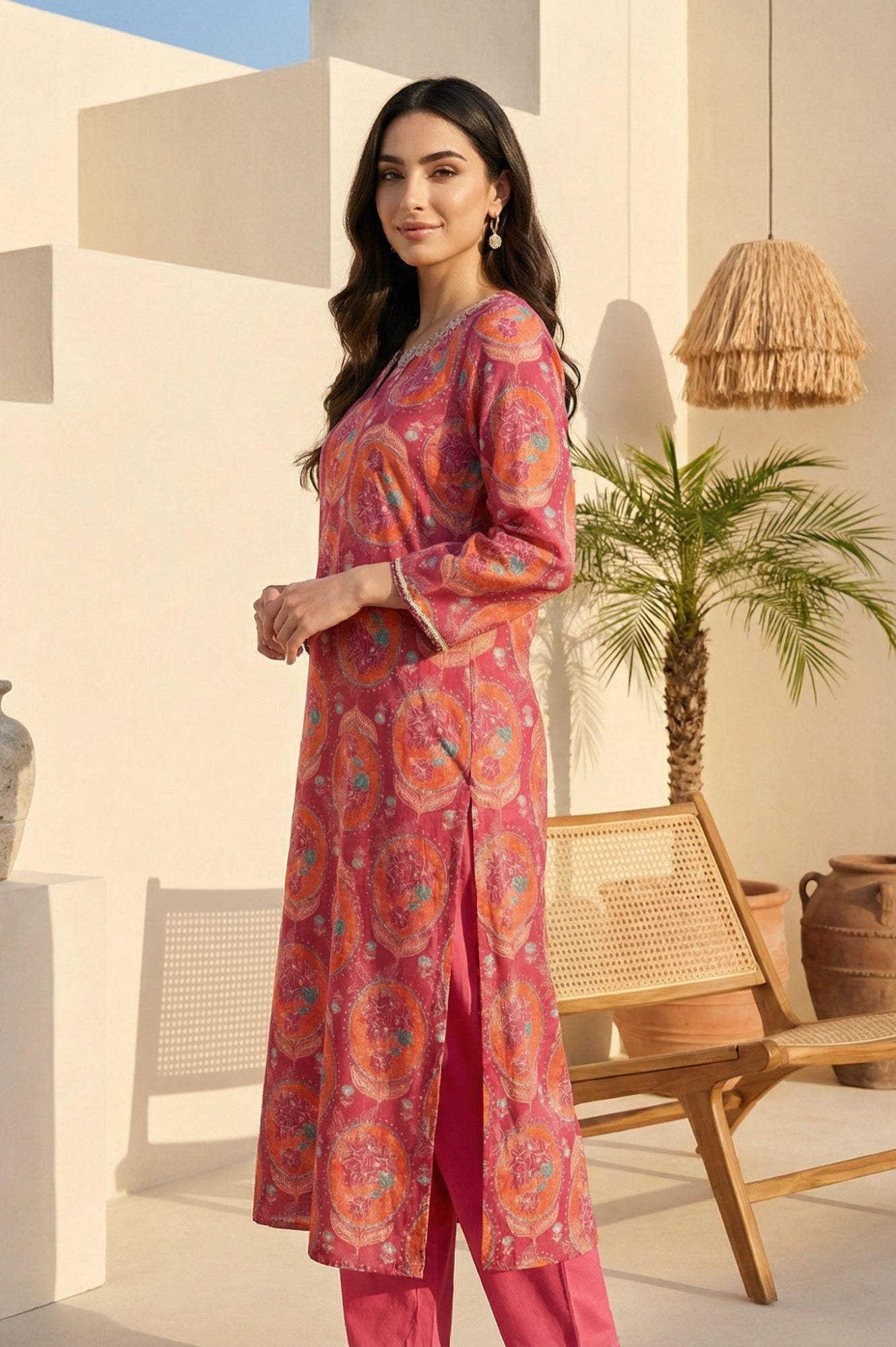 Pink Floral Printed Sequins Rayon Straight Kurta